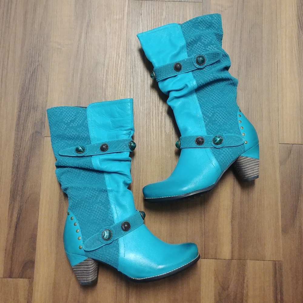 L'artiste Spring Step Boots Genuine Leather Promenade Turquoise Blue Green LNWB
